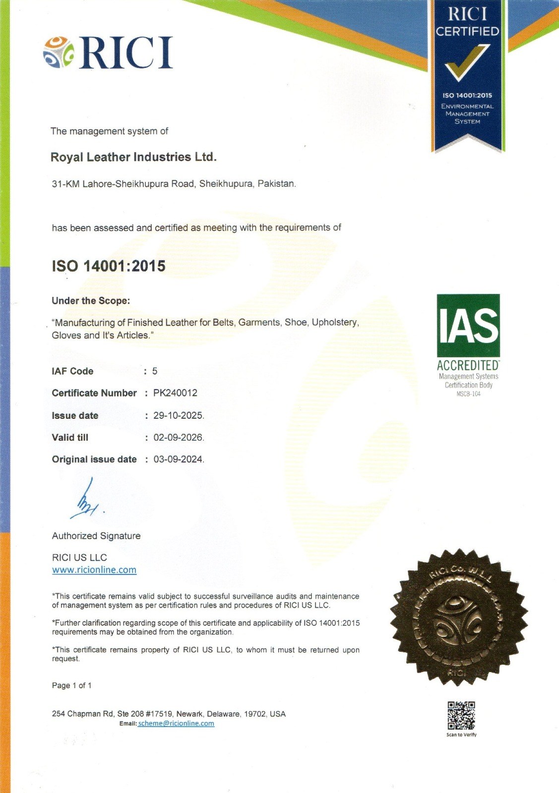 ISO 14001:2015 Environmental Management System Certificate